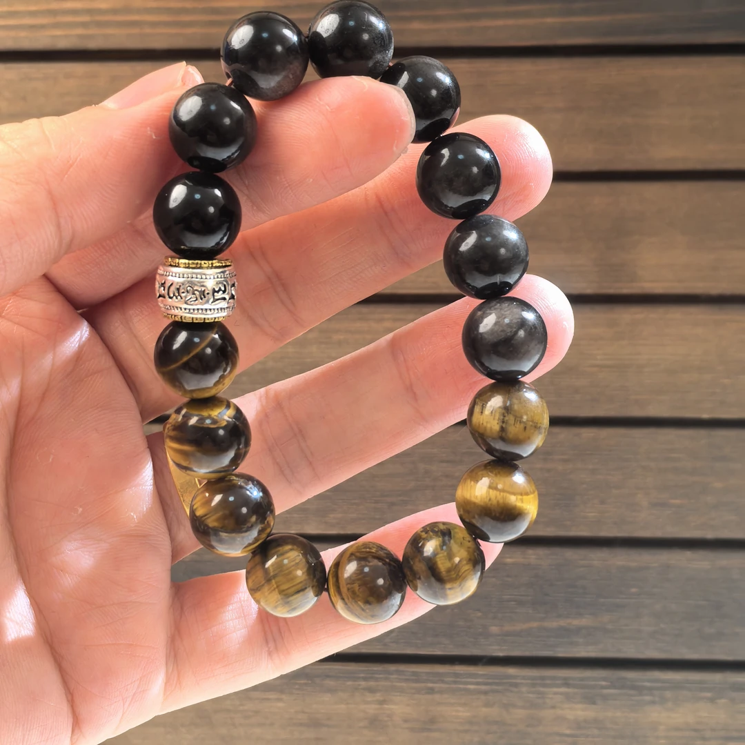 天然黄虎眼银耀石转经筒男神必备手串A024