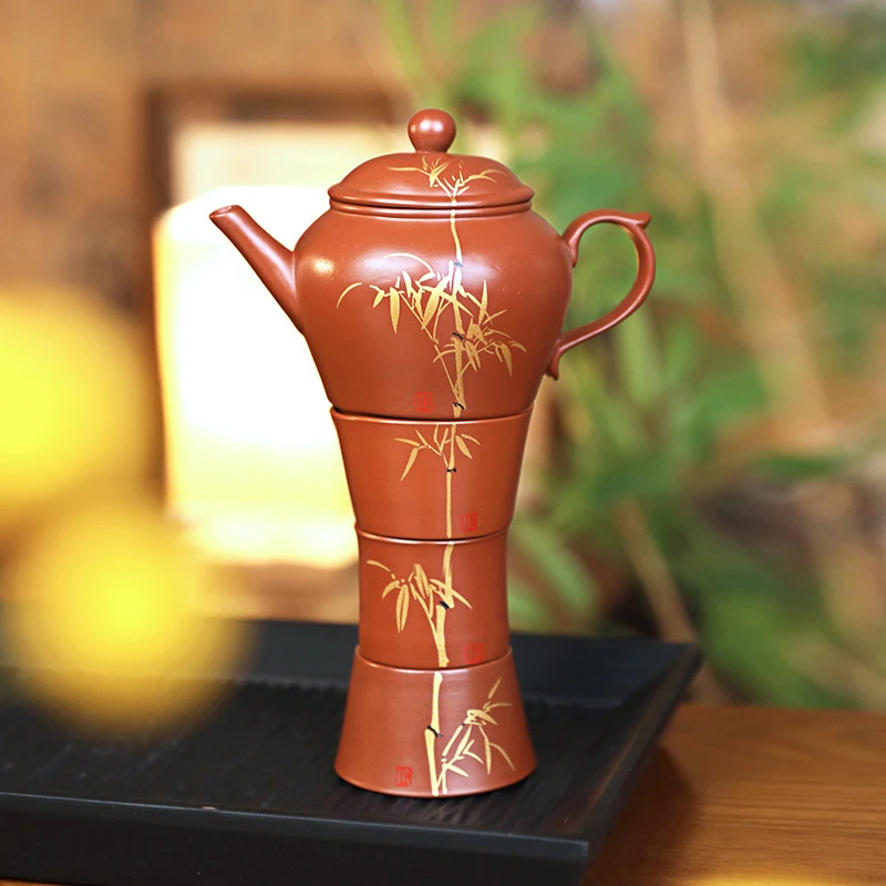 宜兴原矿朱泥紫砂壶名家纯手工泥绘金竹高升家用功夫茶具泡茶壶