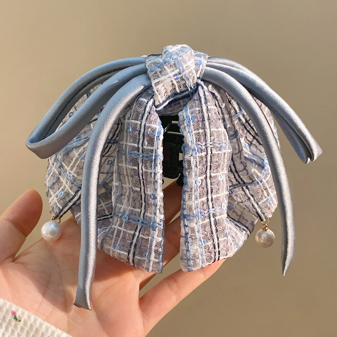 复古格纹蓝色蝴蝶结飘带高马尾抓夹韩国高级感半扎发夹精致鲨鱼夹