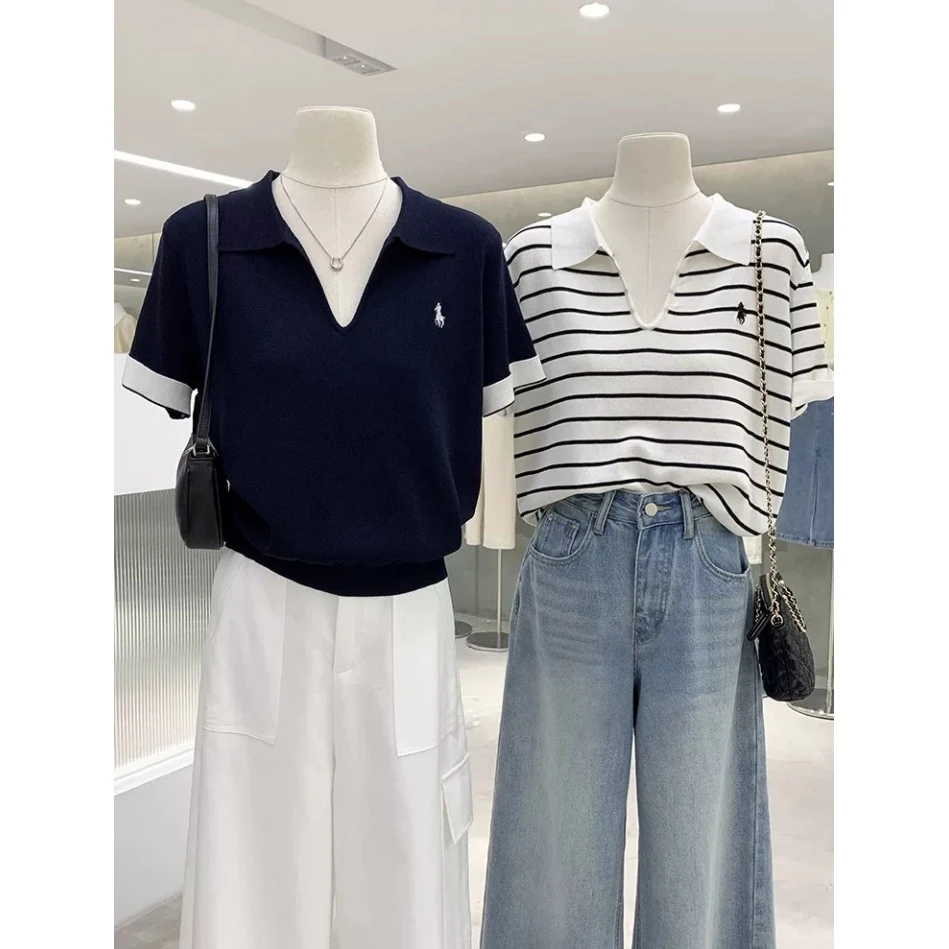 翻领减龄条纹短袖针织衫女夏季新款Polo领刺绣设计感韩系V领上衣