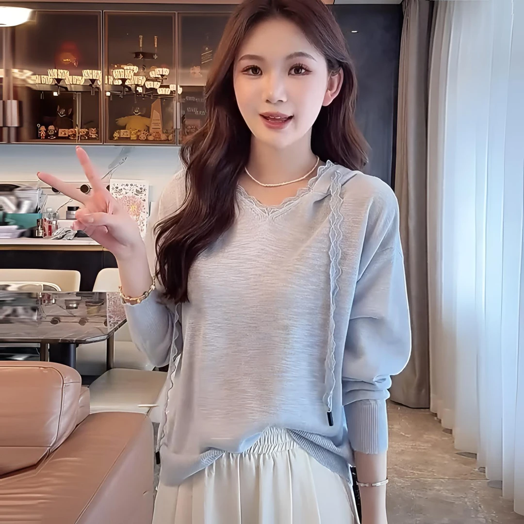 夏季薄款防晒衫蕾丝边连帽针织衫女长袖空调罩衫上衣休闲宽松显瘦