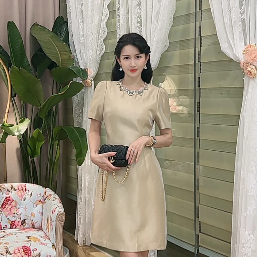 【午夜缪斯】AN031 安妮老板 名媛镶钻气质显白有口袋短袖连衣裙