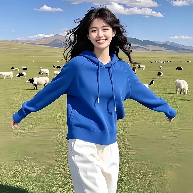 克莱因蓝色抽绳连帽长袖卫衣女2025新款开春季慵懒风chic韩系上衣