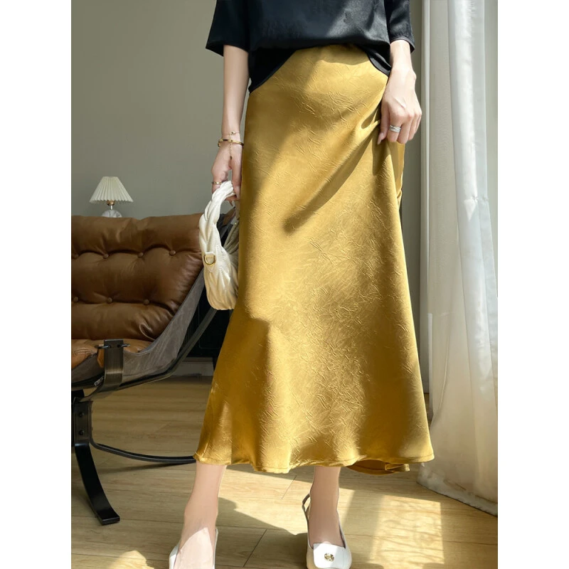 【运费补贴】100%桑蚕丝高腰抓花鱼尾裙开衩设计半身裙35YTM-A49