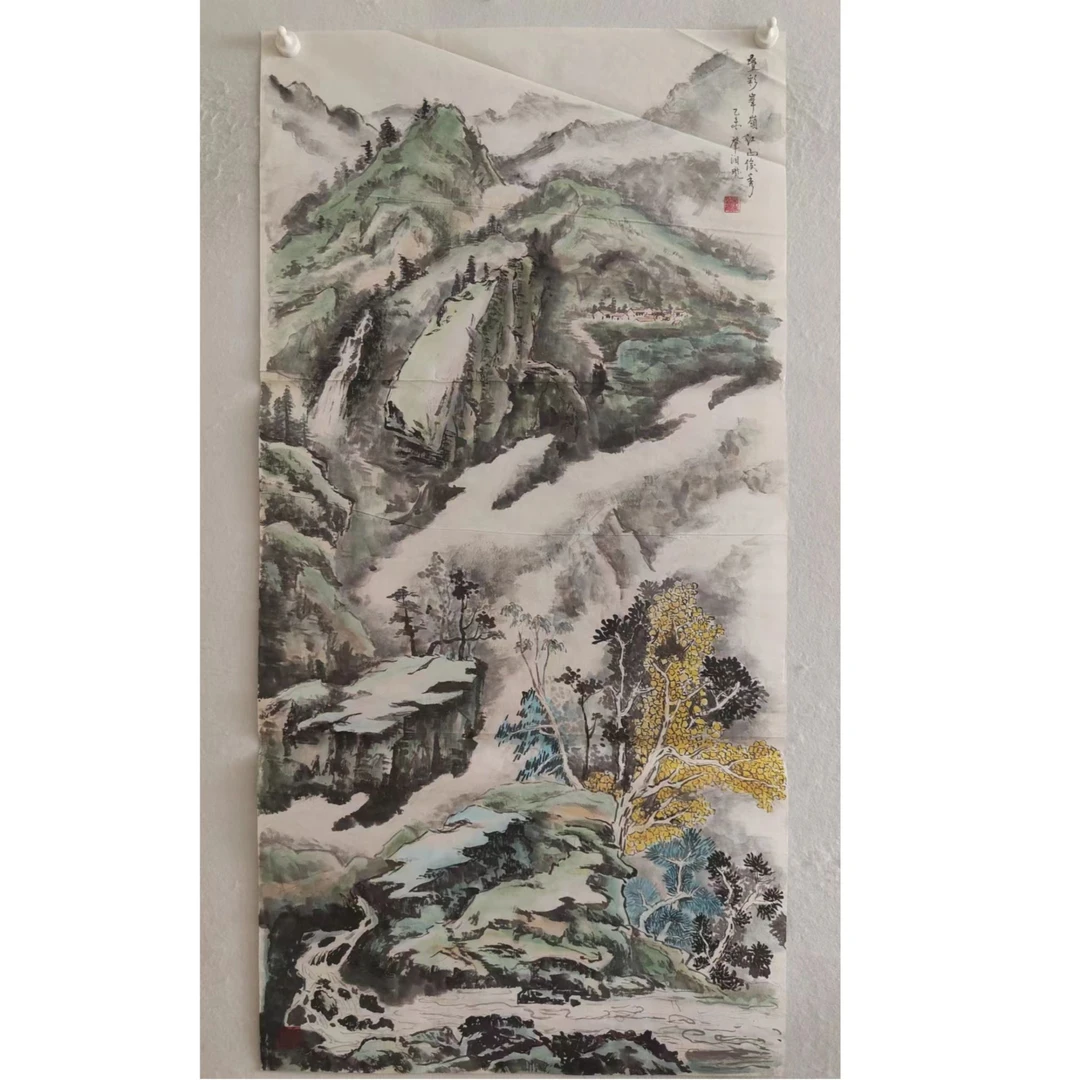 1025 纯手绘老字画《叠彩峰岭》中堂   尺寸 137×68
