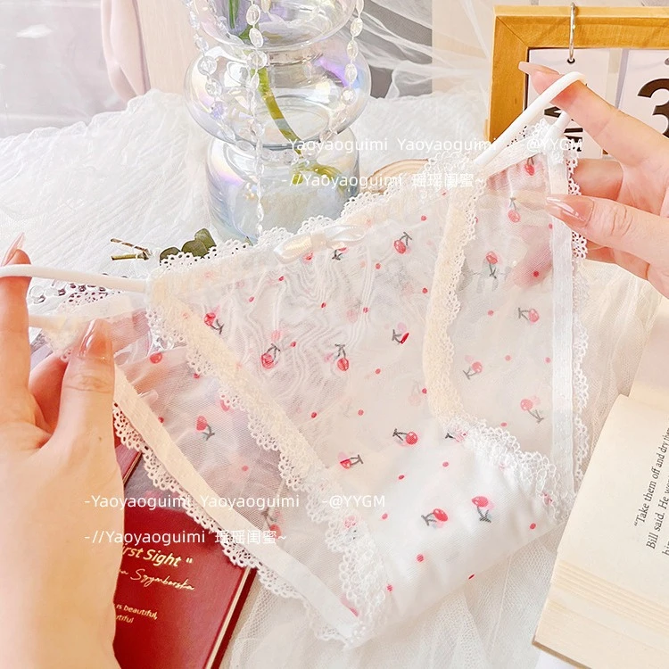 日系女内裤可爱草莓低腰冰丝性感透明速干网纱蕾丝学生三角裤