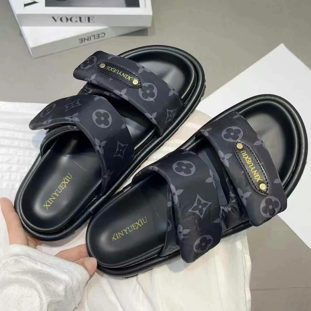 夏季外穿休闲女士厚底拖鞋新款网红潮拖一字老花布面时尚凉拖女