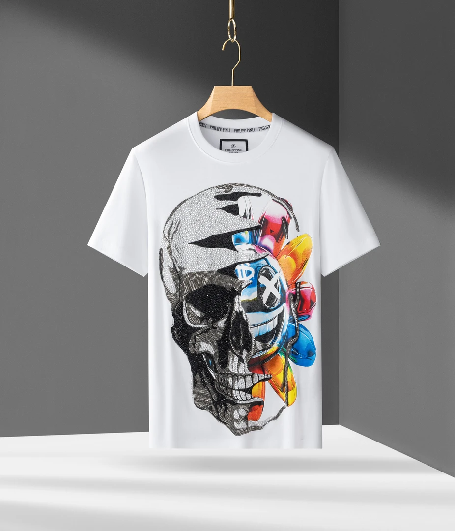 PHILIPP PINLI3D轻奢重工烫钻骷髅圆领半袖修身液氨匹马棉男士T恤