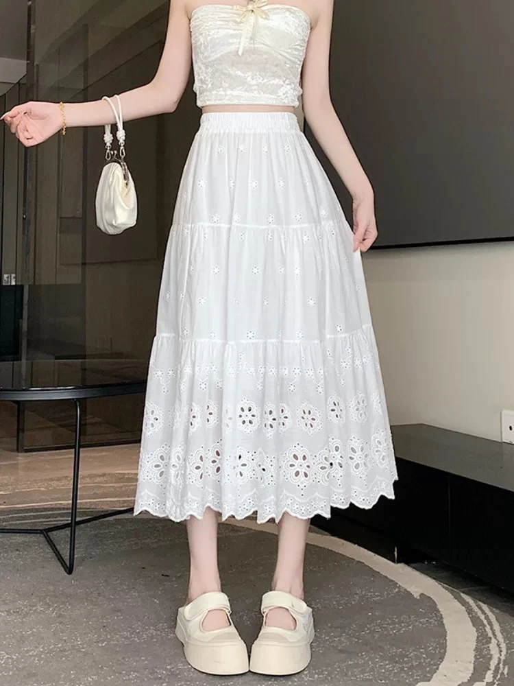 白色镂空绣花半身裙女夏季松紧高腰A字裙小个子中长款大摆伞裙子