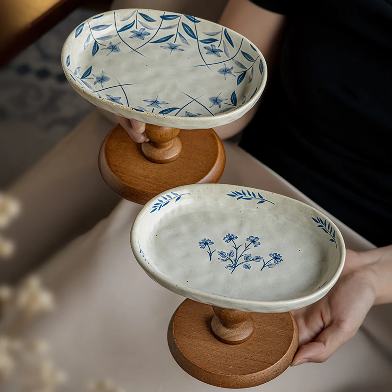 小悠家 氛围感托盘木质粗陶高脚果盘精致首饰盘展示盘收纳摆件