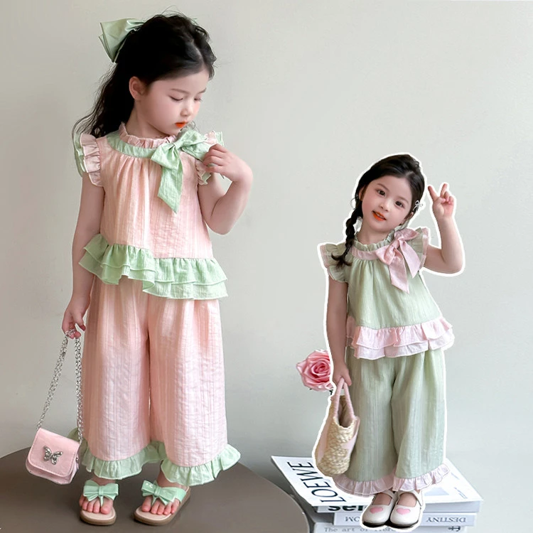 女童夏套装2025新款女宝夏季超好看薄款夏装小女孩蝴蝶结撞色套装