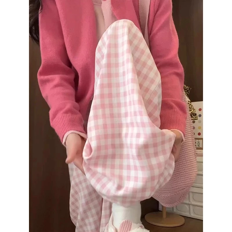 撞色格子裤欧若风女2025春夏新款宽松休闲抽绳高腰显瘦垂感拖地裤