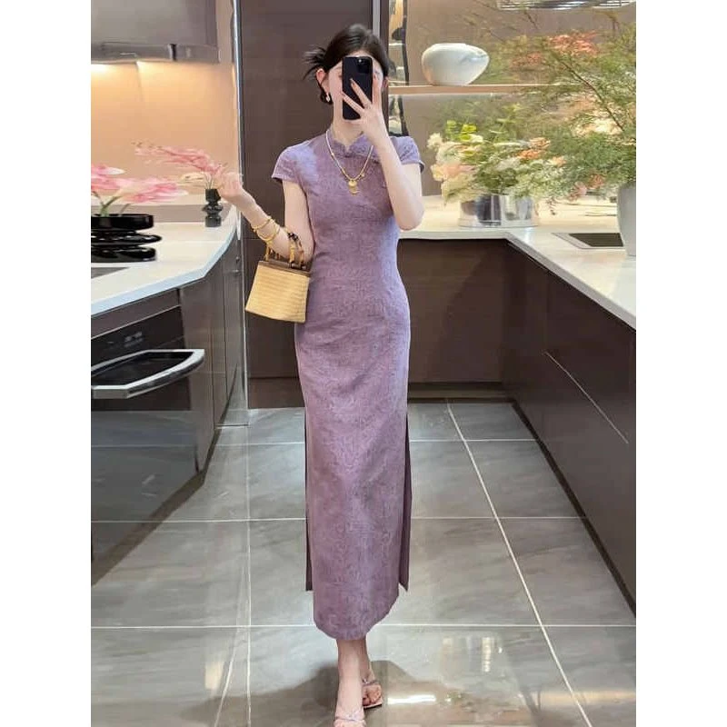 新中式国风改良旗袍御姐独特百搭紫色修身包臀连衣裙2025夏季新款