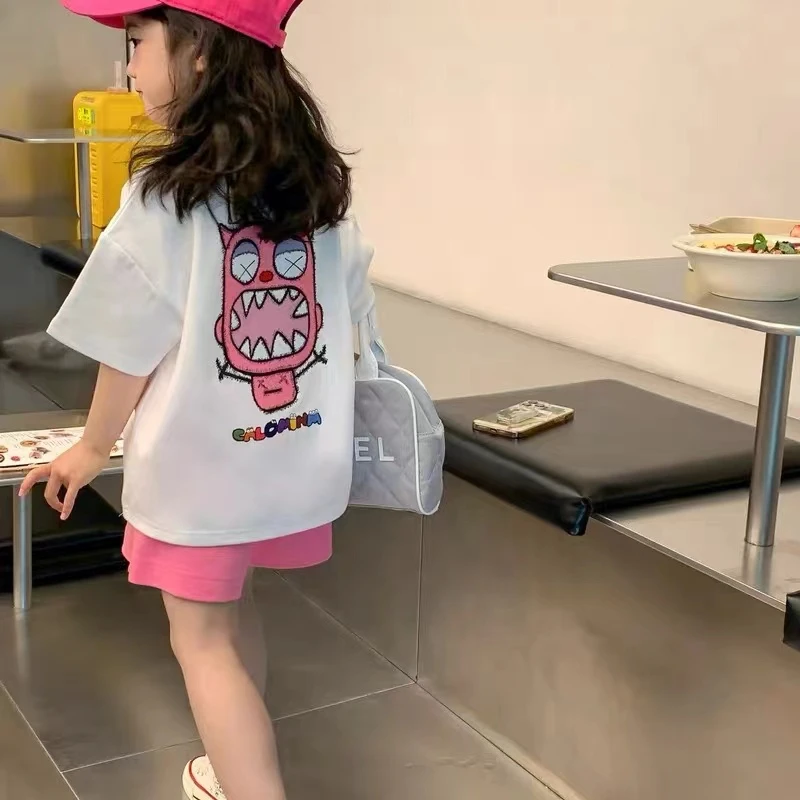 新款个性小怪兽印花T恤夏装半袖上衣中大童亲子装