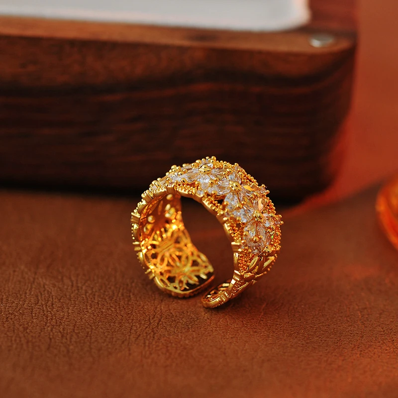 铜合金戒指 轻奢高级感满天星雪花开口食指戒设计感合金锆石