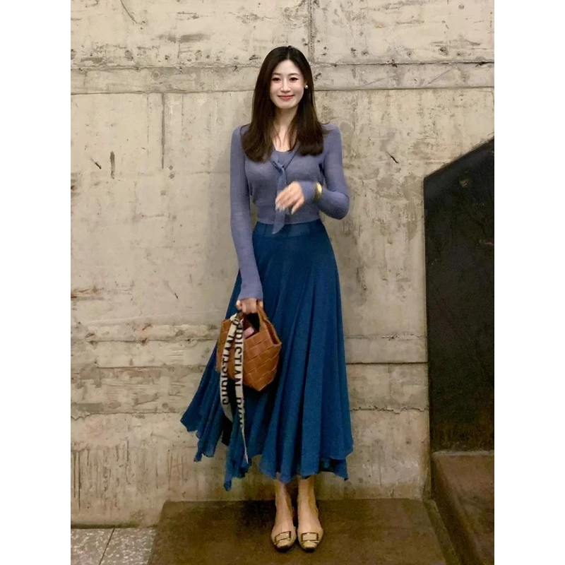 法式高知miu系穿搭大方得体轻奢高级小香风蓝色上衣半身裙套装秋