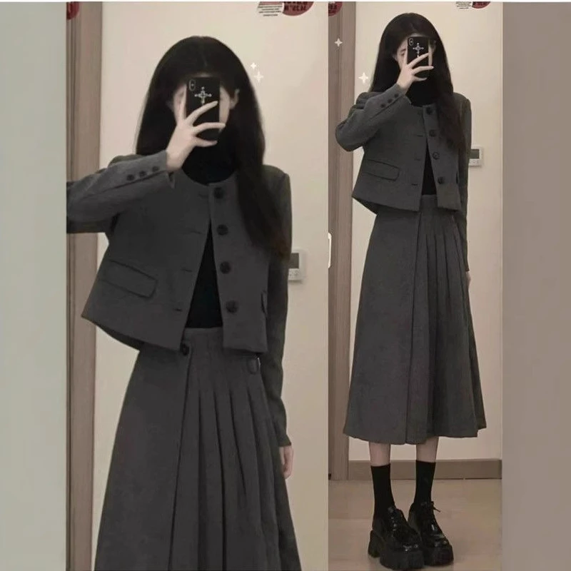 美式复古灰色学院风毛呢西装百褶裙套装女秋冬季夹棉小香风两件套