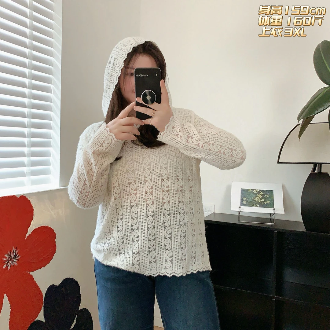 福福大码女装 正肩袖韩系INS镂空蕾丝衫连帽衫200斤宽松显瘦上衣