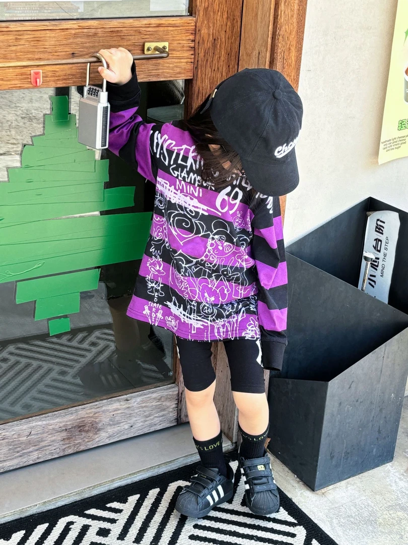 【清仓福利】黑超高定紫色条纹漫画儿童长袖T恤