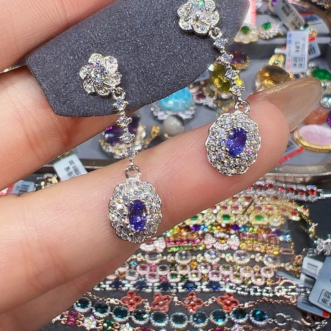 银S925镶嵌耳钉坦桑石