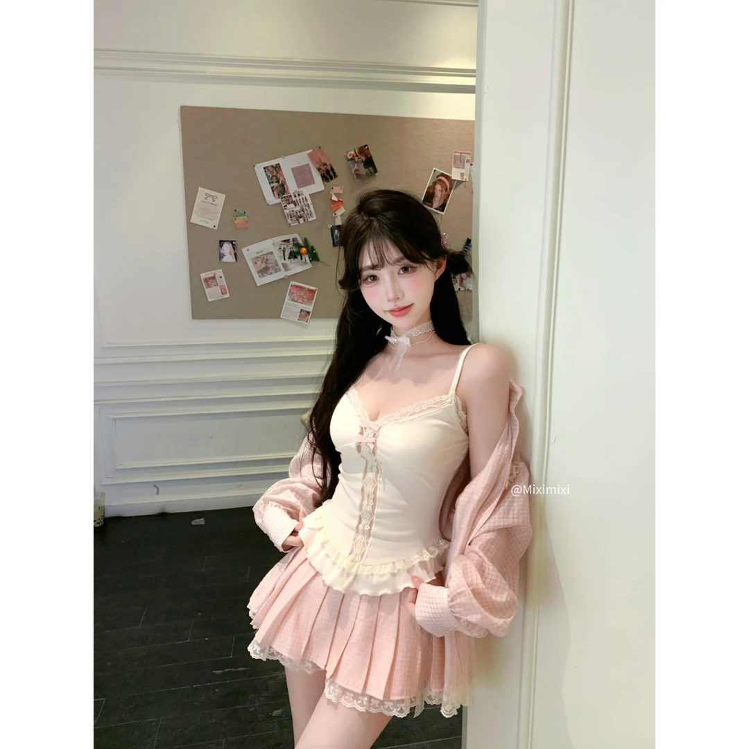 瑞茜·威瑟斯软心甜崽 夏季纯欲风蕾丝长袖衬衫吊带内搭R6021-1H