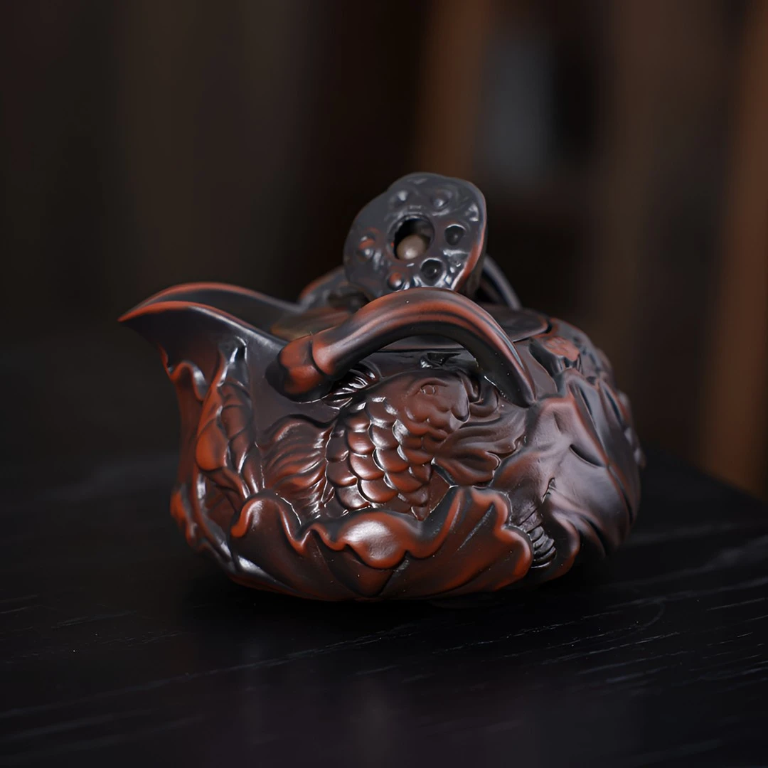 紫陶手抓壶年年有鱼手工手把功夫茶具茶壶复古家用泡茶器单大容量
