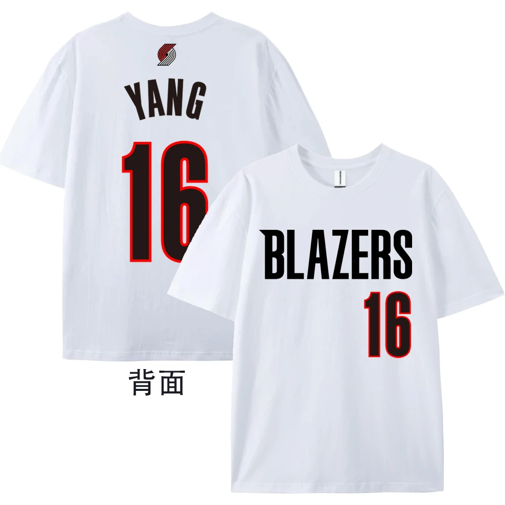 杨瀚森开拓者队16号 纯棉短袖T恤美式复古圆领大码篮球大码球衣