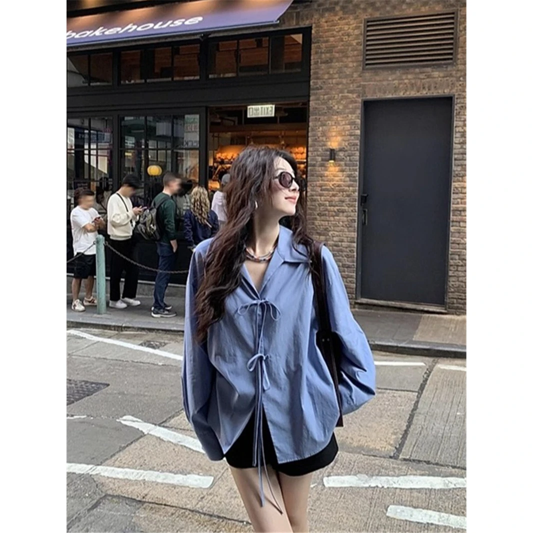 设计感翻领蝴蝶结系带衬衫女法式复古上衣春