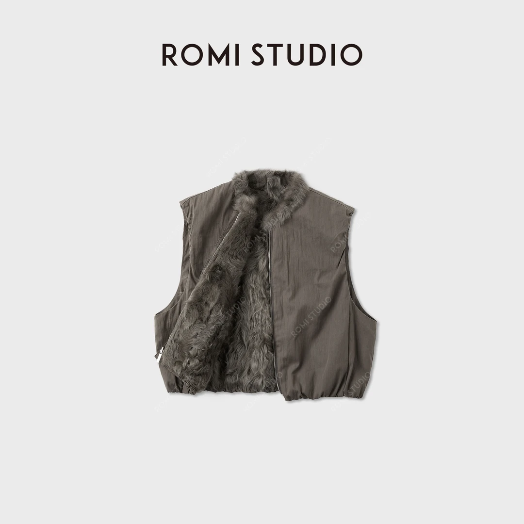 ROMI STUDIO“绒雾”小湖羊羔胎羊皮毛一体水波纹马甲RWCWW86346