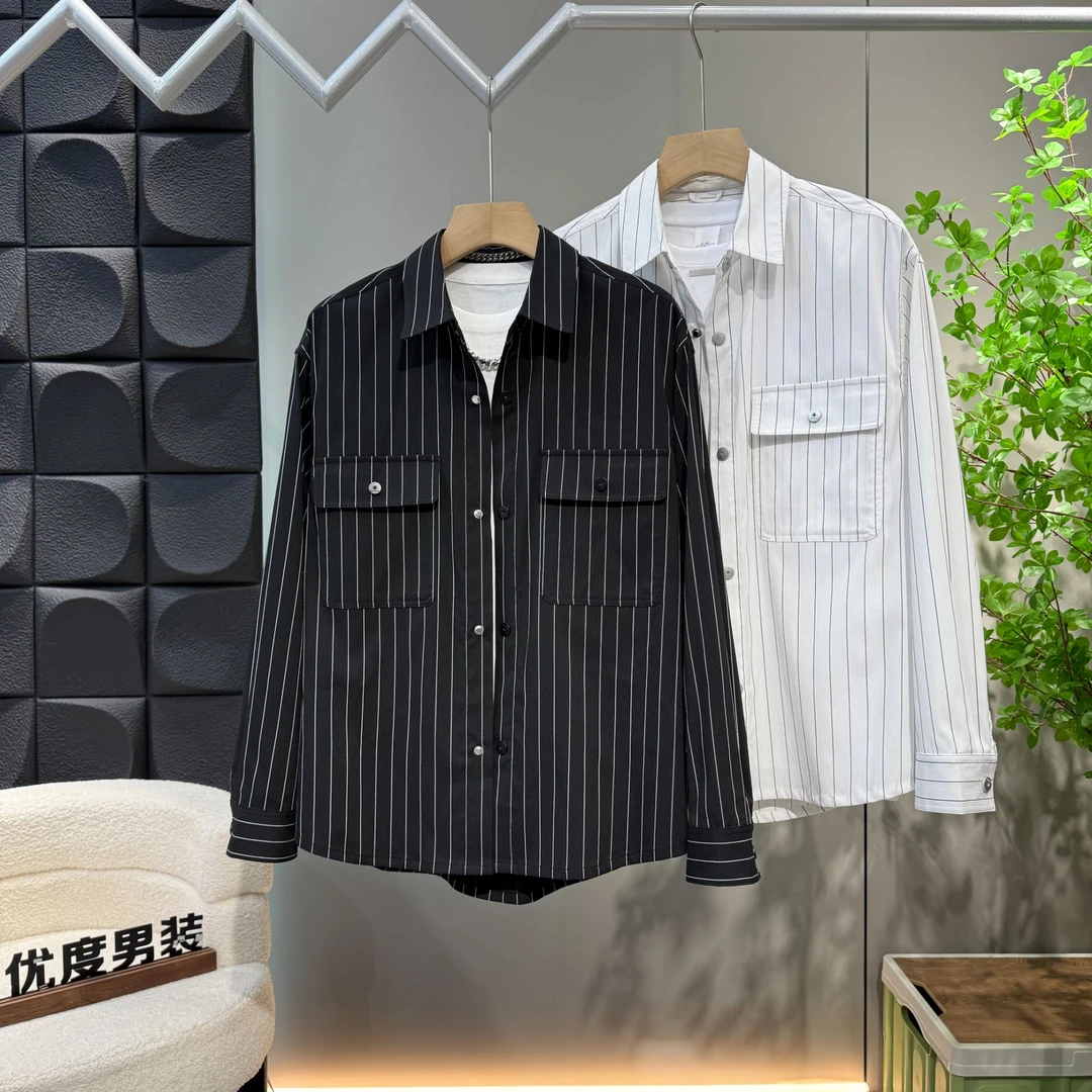 2025新款弹力轻奢条纹宽松休闲复古翻领薄长袖百搭衬衫外套7707