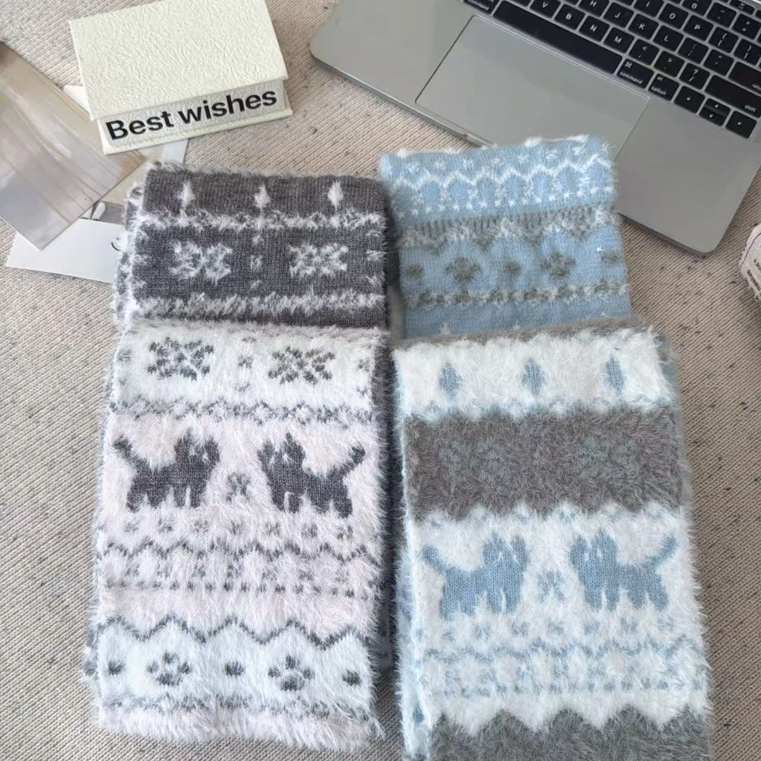 费尔岛风双面针织可爱小狗蓝色围巾女韩版氛围感秋冬保暖小围脖潮