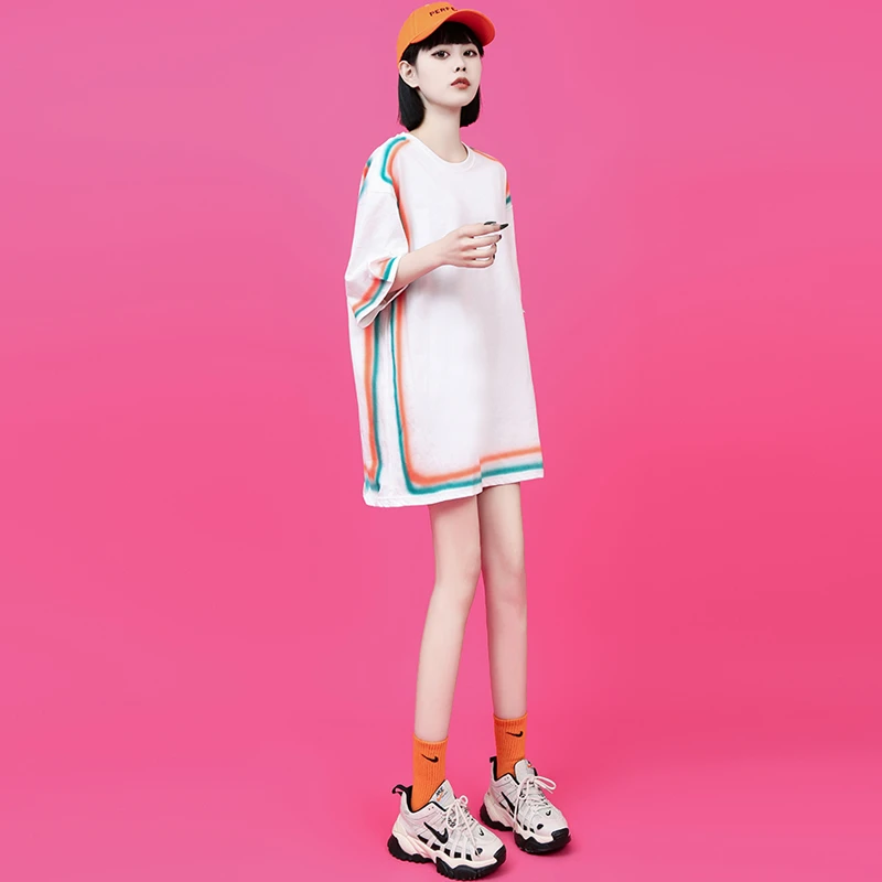 短袖t恤女中长款渐变印花情侣2025年夏季新款半袖多巴胺圆领体恤