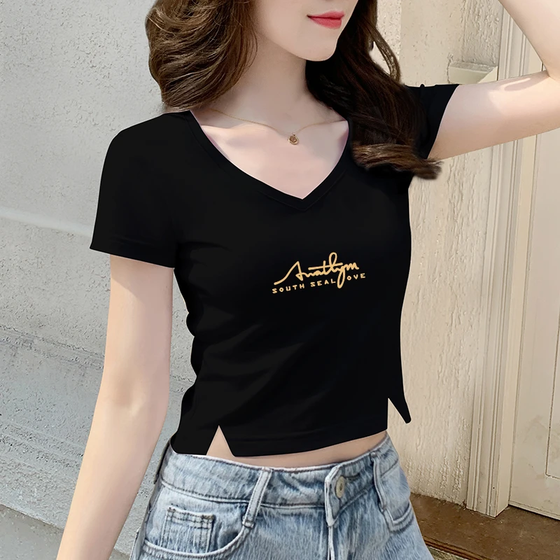 黑色V领t恤女短袖2025夏季修身高腰小个子开叉露脐半袖短款上衣潮