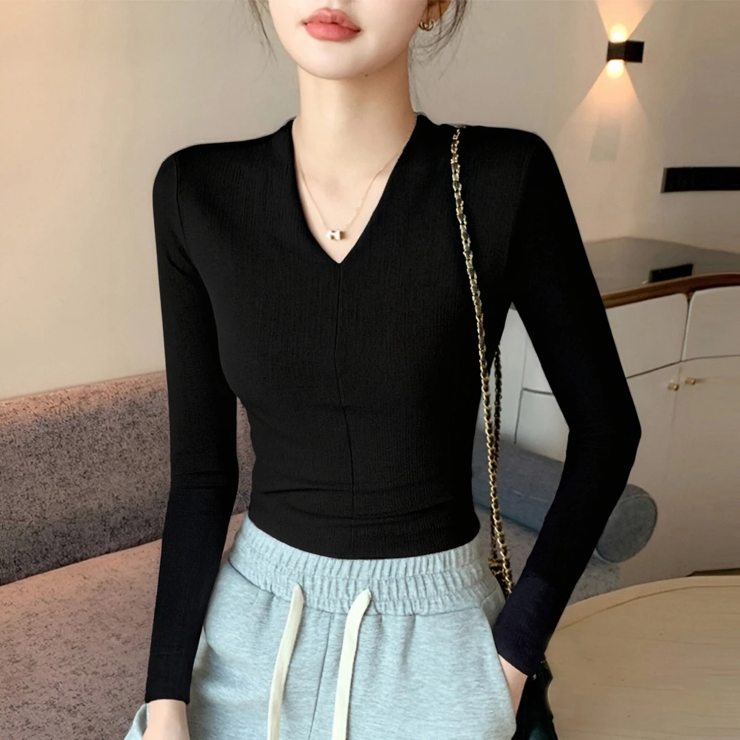 法式高级感V领长袖打底衫女秋冬内搭修身显瘦螺纹高弹百搭上衣t恤
