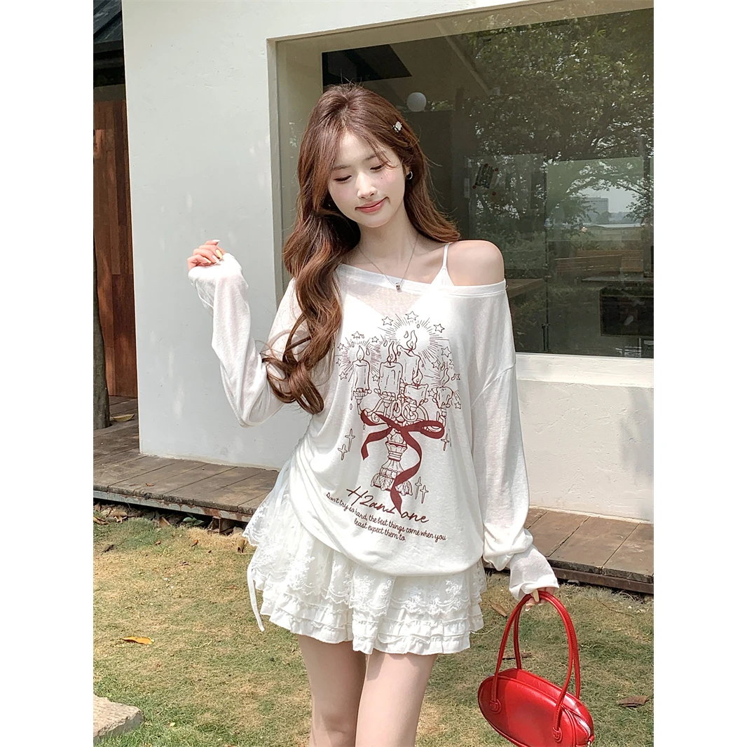 五一出行穿搭女装夏季新款涂鸦斜肩T恤防晒罩衫百搭漂亮长袖上衣
