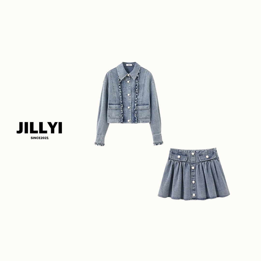 JILLYI珠海店【斑斓牛仔】水洗蓝木耳工艺外套+水洗蓝半裙街头风套