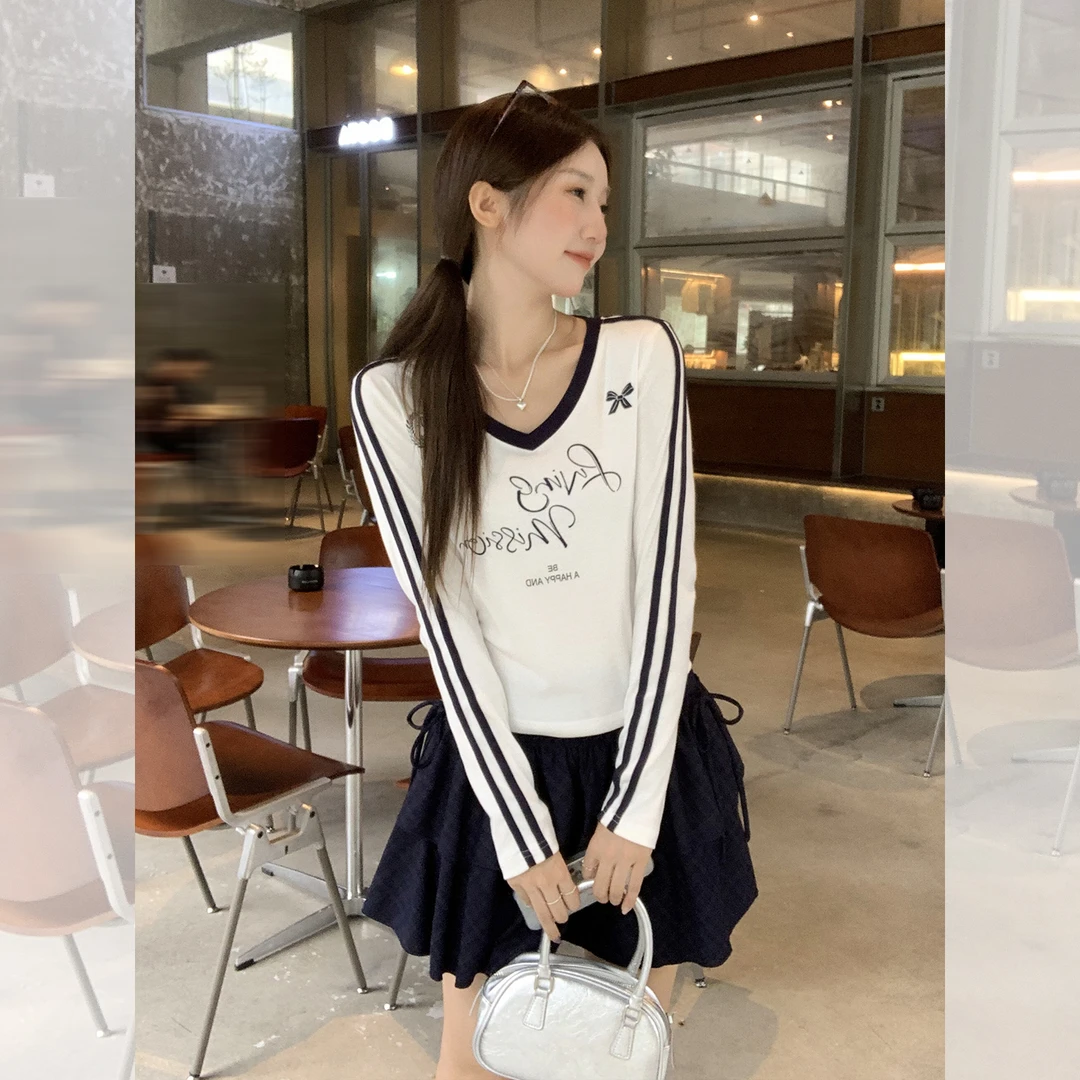 V领字母印花假两件长袖T恤条纹女2025秋季韩版修身显瘦辣妹小上衣