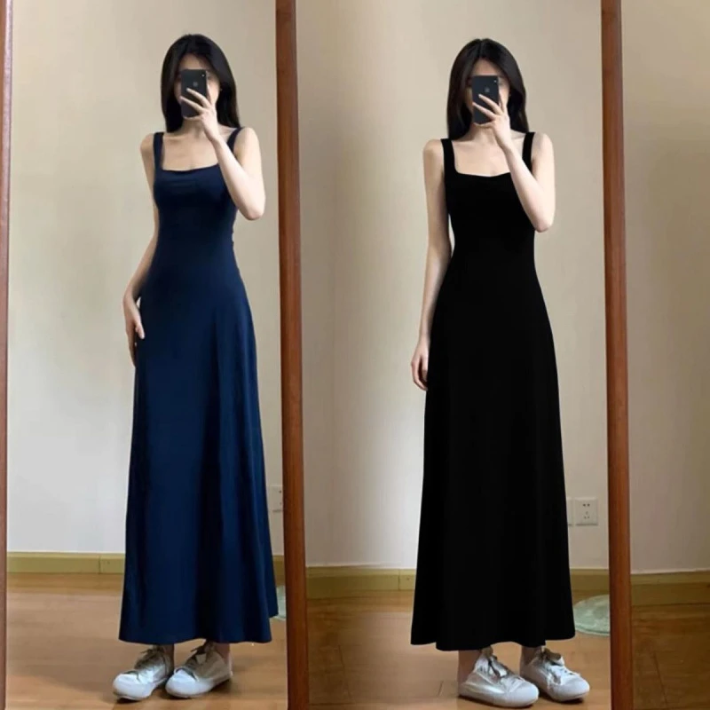 长裙吊带法式慵懒风修身夏季连衣裙连衣裙无袖法式打底裙子露背