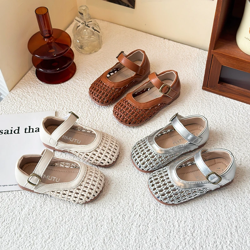 女童编织镂空皮鞋2025夏季新款儿童凉鞋6-12岁小女孩鞋外穿公主鞋