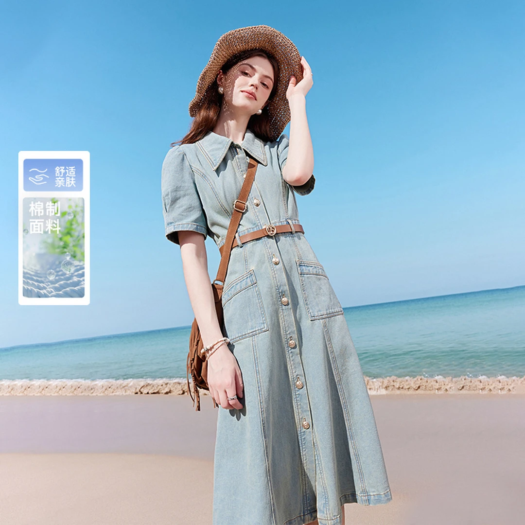 秋水伊人｜【夏日裙装】复古皮带收腰梨形牛仔连衣裙时髦裙子