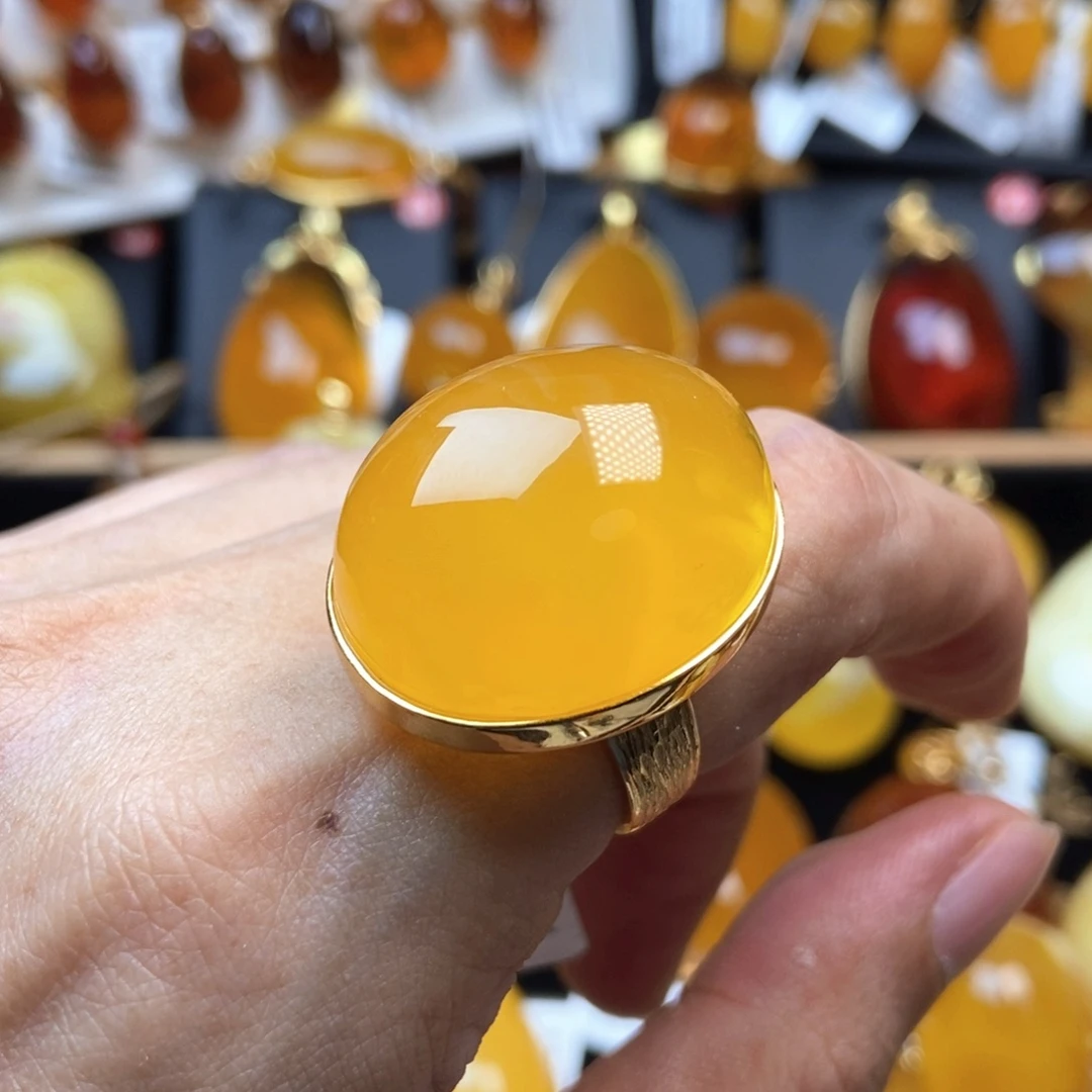 琥珀银S925镀金镶嵌戒指