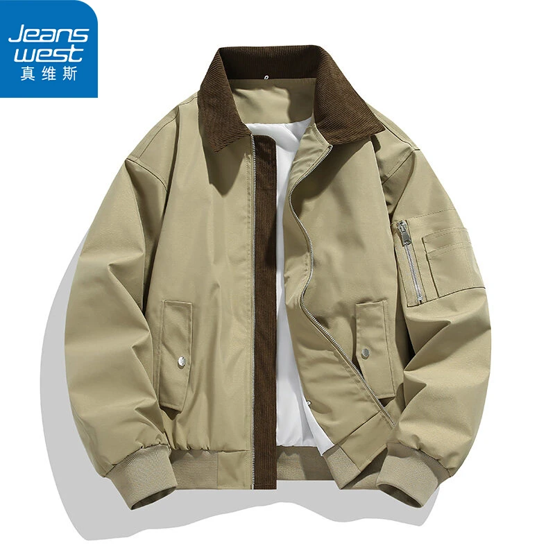 真维斯春季潮牌夹克美式复古休闲拼色飞行外套男潮流百搭翻领上衣