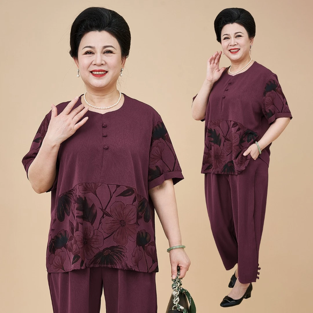 夏季新中式中老年人女装妈妈装宽松两件套母亲衣服气质短袖套装