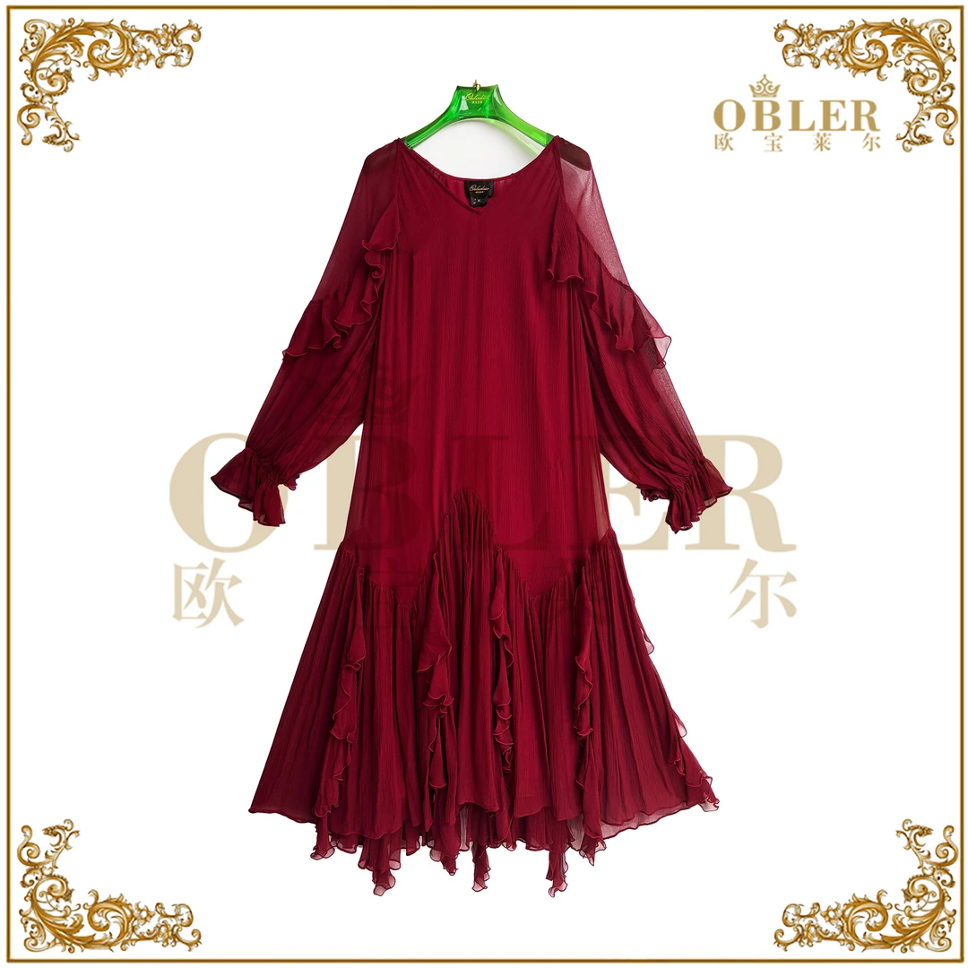 【欧宝莱尔】2025早春新款木耳边流苏飘带酒红黑色连衣裙61-2514