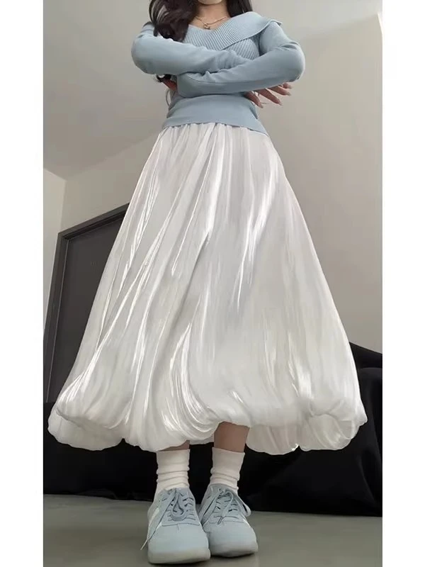 白色花苞裙2025夏季新款大码女胖mm梨型身材遮胯流光沙蓬蓬月光裙