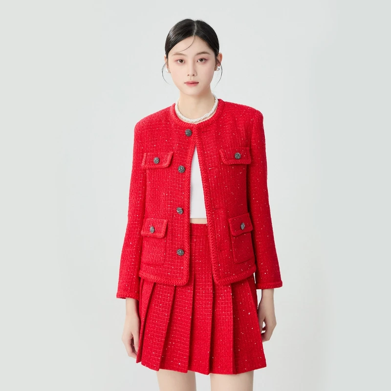 哥弟通勤圆领长袖单排扣描边口袋粗花呢千金小香风外套女1400642