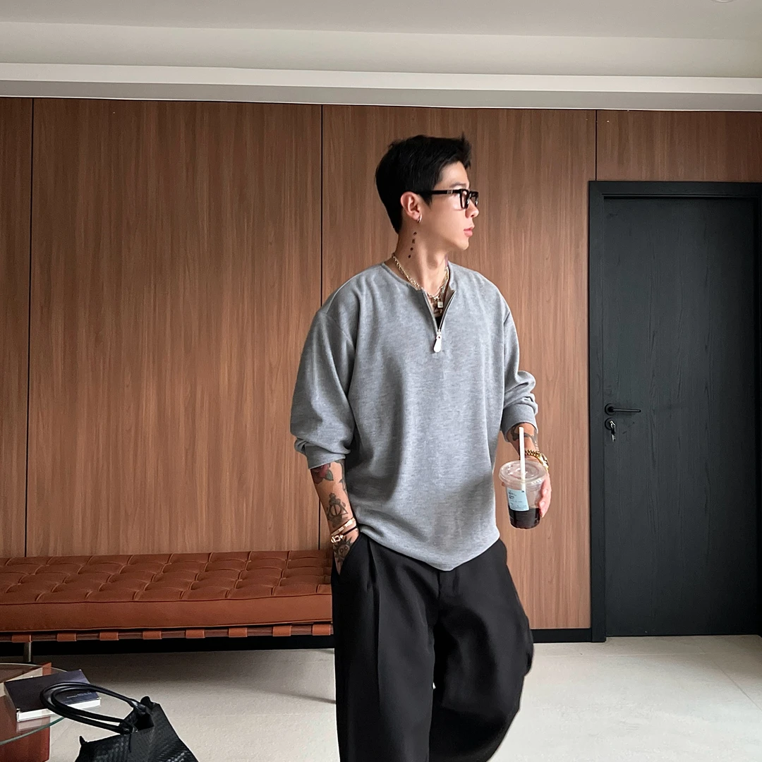 OXFREAK「密歇根植绒」老钱风半拉链长袖t恤男宽松v领打底衫秋季