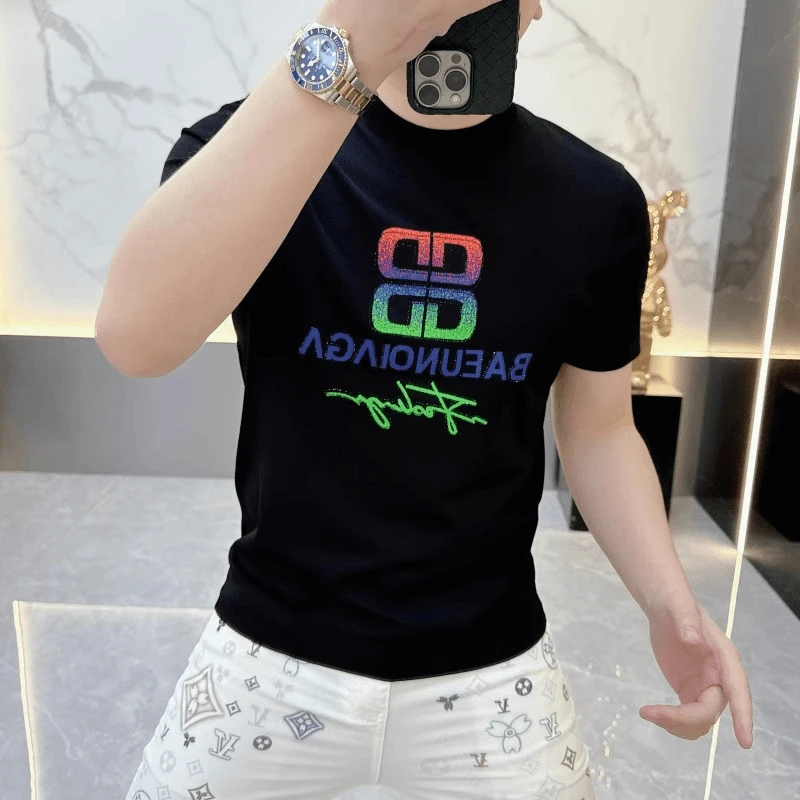 2025欧货轻奢高档男士印花时尚百搭夏季半袖上衣针织冰丝短袖T恤