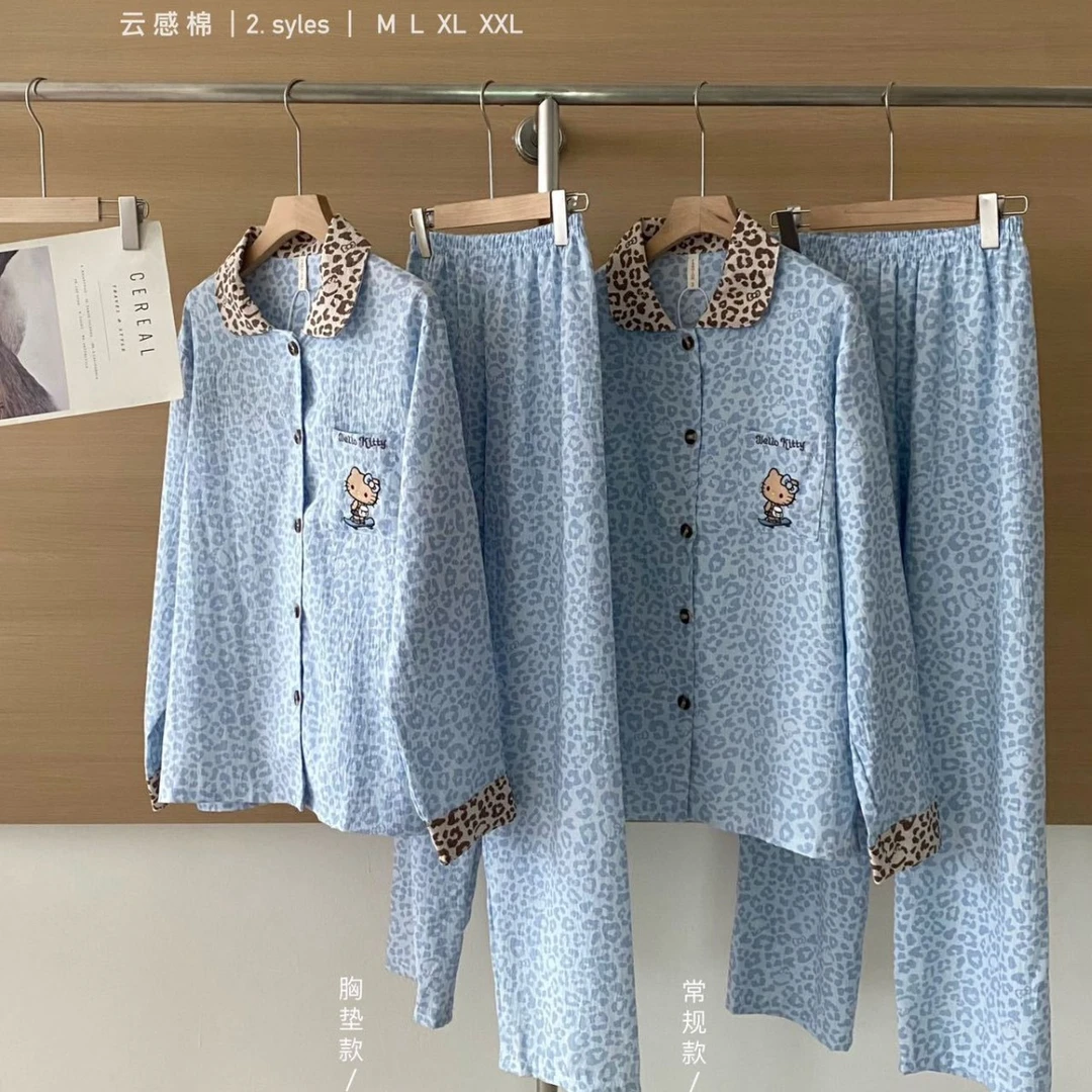 卡通黑皮kt带胸垫云感棉睡衣女长袖长裤家居服可外穿女生两件套装