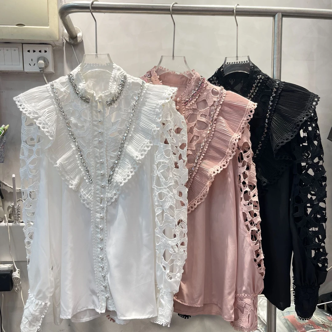 【漫老板】10097高品 定制 轻奢重工珍珠扣镂空袖衬衣